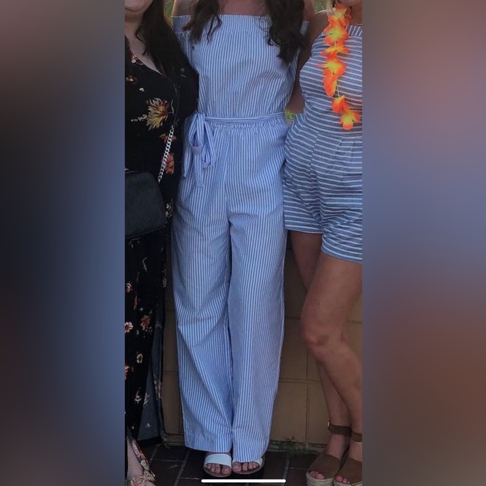 Nordstrom -Off the shoulder white and blue striped jumpsuit size small